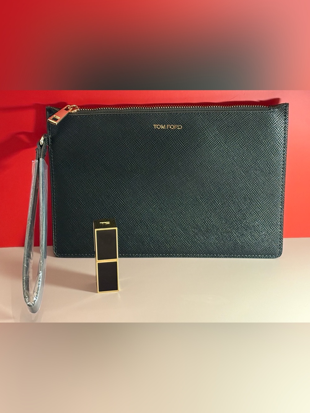 Tom Ford Black Saffiano Leather Wristlet Clutch with Gold Hardware GWP!